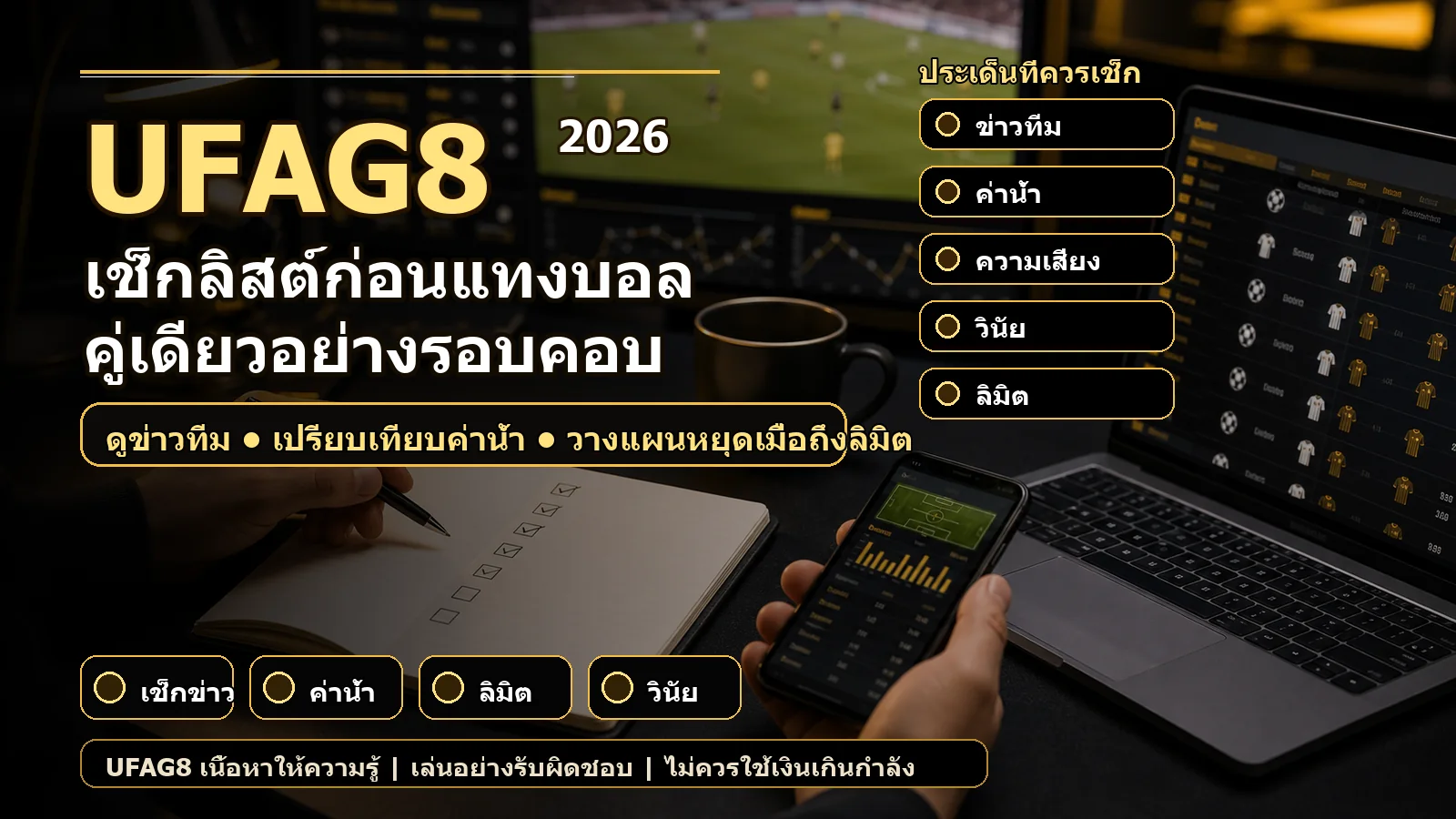 ภาพเช็กลิสต์ก่อนแทงบอลคู่เดียวในโทนดำทอง UFAG8